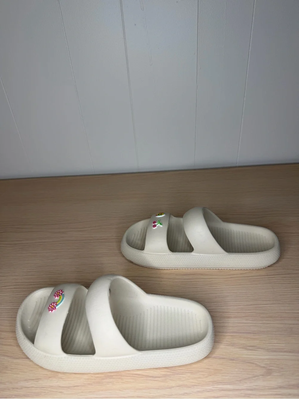Girls Cream Kids Slide Sandals with Rainbow and Cherry Charms